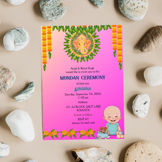 Convite Mundan Ceremony Ganesha Logotipo Floral Mínimo (Criador carregado)