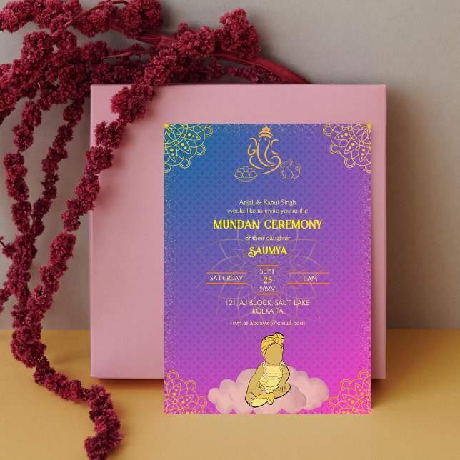Convite Mundan Ceremony Ganesha logótipo Royal Ouro & Pink (Criador carregado)