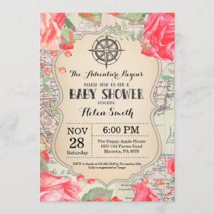 Convite Mundo floral vermelho do viagem do mapa do chá de