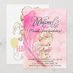 Convite Mundo rosa com pena mágica, aniversário para menin