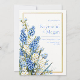 Convite Muscari Azul Flor Branca Moldura Dourada Casamento