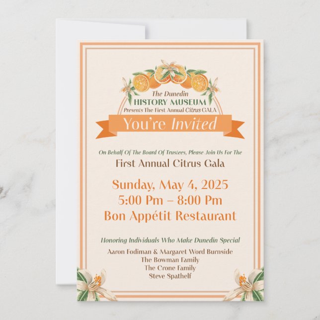 Convite Museu de História de Dunedin 2025 Citrus Gala (Frente)