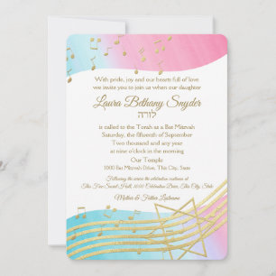 Convite Music Bat Mitzvah Watercolor e Dourado