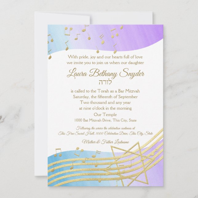 Convite Music Bat Mitzvah Watercolor e Dourado (Frente)