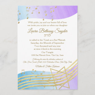 Convite Music Bat Mitzvah Watercolor e Dourado