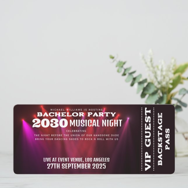 Convite Music Concert VIP Ticket E RSVP Bachelor Party (Em pé/Frente)