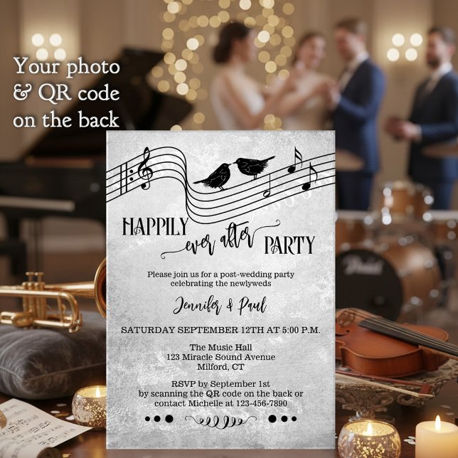 Convite Music Happily Ever After Wedding Photo (Music themed Happily Ever After wedding invitation with song birds and musical notes in B&W + QR)