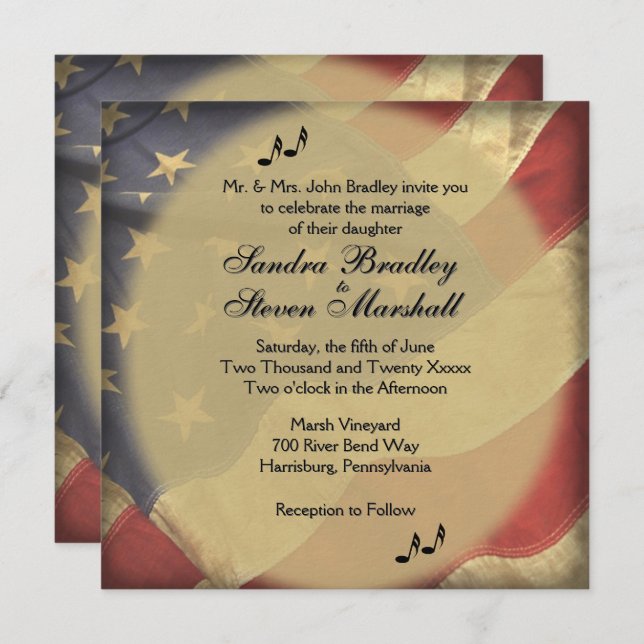 Convite Music on Distressed American Flag Theme Wedding   (Frente/Verso)