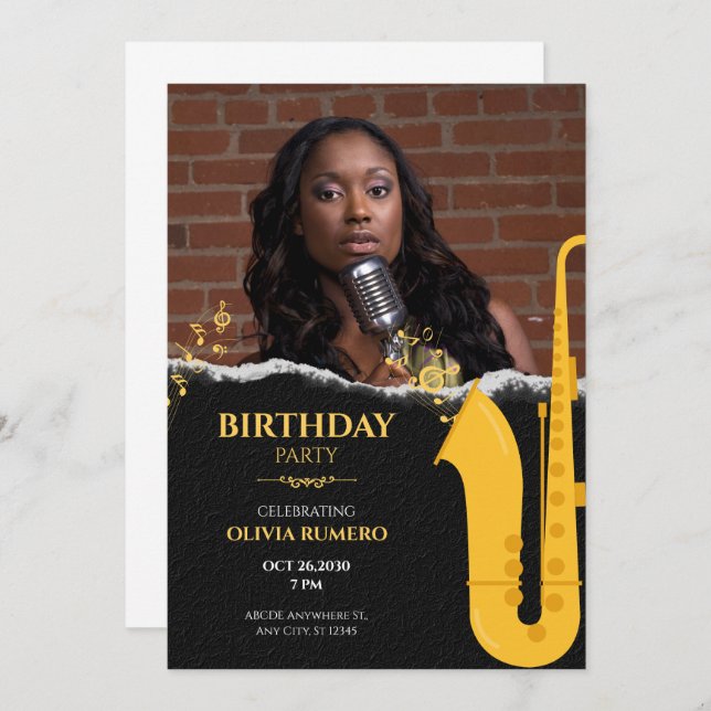 Convite Music Trumpet jazz data aniversário (Frente/Verso)