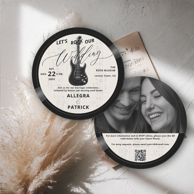 Convite Music Vinyl All One Photo QR Rock Our Wedecru (music theme wedding invitation rock vinyl record ecru ivory white photo qr code all one musician)