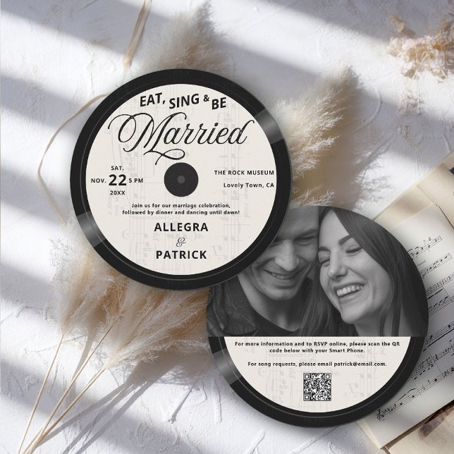 Convite Music Vinyl Ivory Black All One Photo QR Wedding (music theme wedding invitation rock vinyl record black white partition photo qr code all one musical)