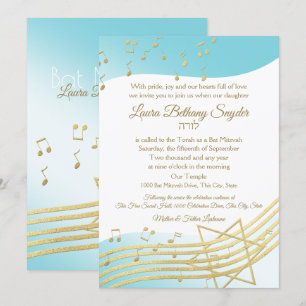 Convite Música Bat Mitzvah Azul e Dourado