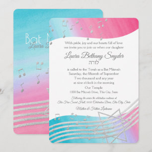 Convite Música Bat Mitzvah Watercolor e Prata