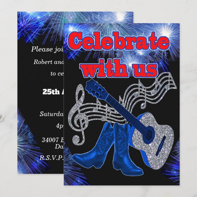 Convite Música Country Ocidental Guitarra Azul e Botas de  (Frente/Verso)