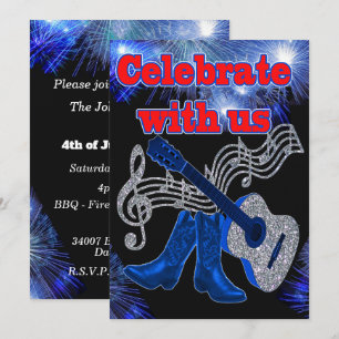 Convite Música Country Western, Guitarra Azul e Botas de C