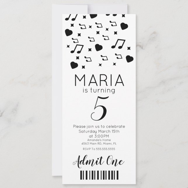 Convite Música de Concerto Fofa   Estilo de Bilhete de Fes (Frente)