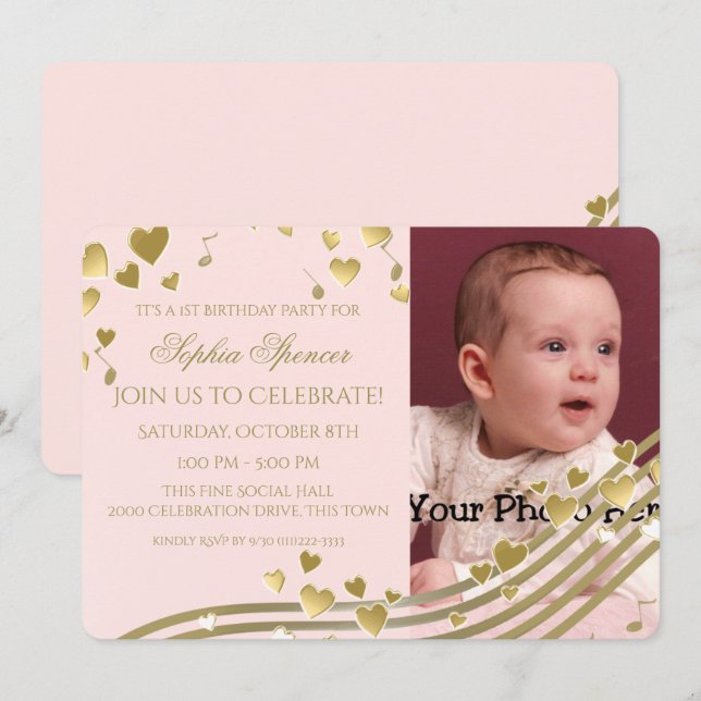 Convite Música e Corações do Primeiro Aniversário (Frente/Verso)
