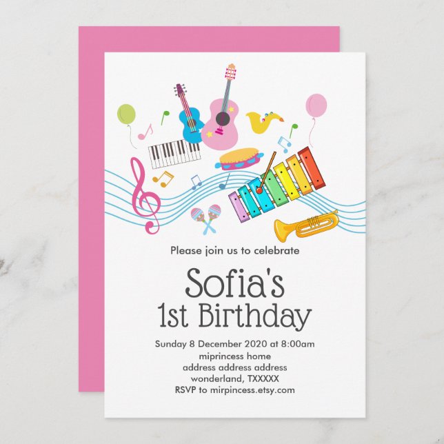 Convite música, instrumentos musicais, tambores cantando (Frente/Verso)