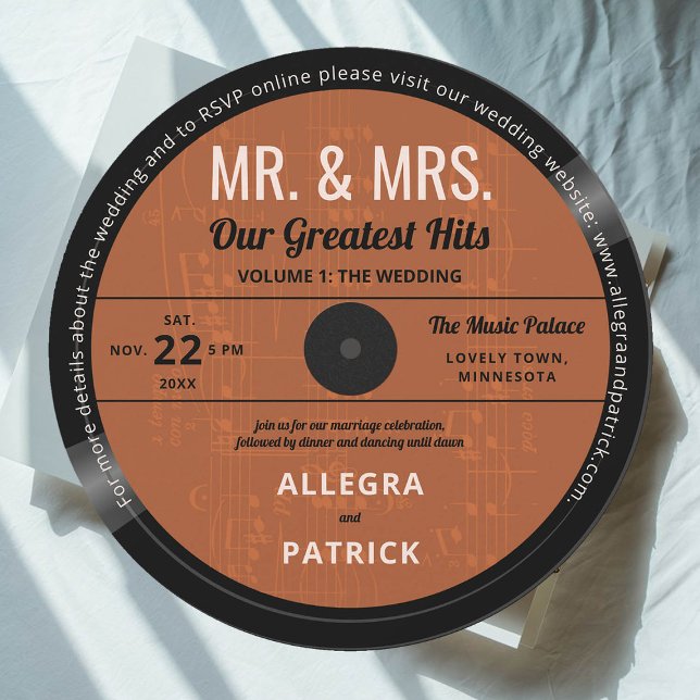 Convite Música Nossos Maiores Ataques Retro Casamento outo (music wedding invitation vinyl record vintage retro terracotta mr mrs greatest hits fall autumn)