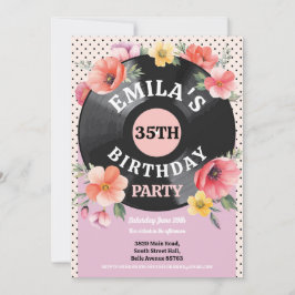 Convite Música Record Birthday Floral 1950s Mulheres