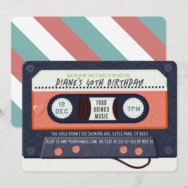 Convite Música Red Birthday de fita cassete de anos 80 ret (Frente/Verso)