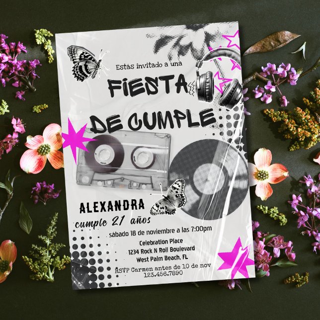 Convite Música Retro Espanhola Sem Idade Aniversário Preto (Criador carregado)