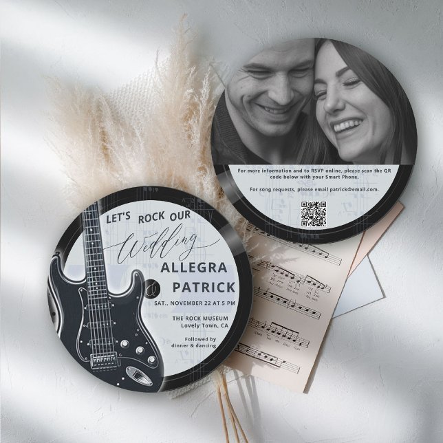 Convite Música Tirar Uma Foto QR Rock Nosso Casamento (music theme wedding invitation rock vinyl record black blue white photo qr code all one guitar)
