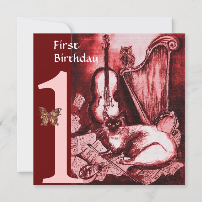 Convite MUSICAL CAT First Festa de aniversário, Vermelho e (Frente)