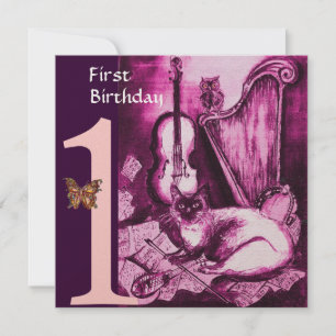 Convite MUSICAL CAT Rosa Fuchsia Primeira Festa de anivers