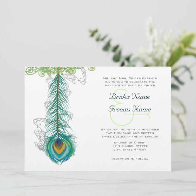 Convite Musical de Casamento de Penas de Pavão (Em pé/Frente)