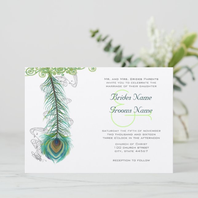 Convite Musical de Casamento Pavão Pêssego Escuro (Em pé/Frente)