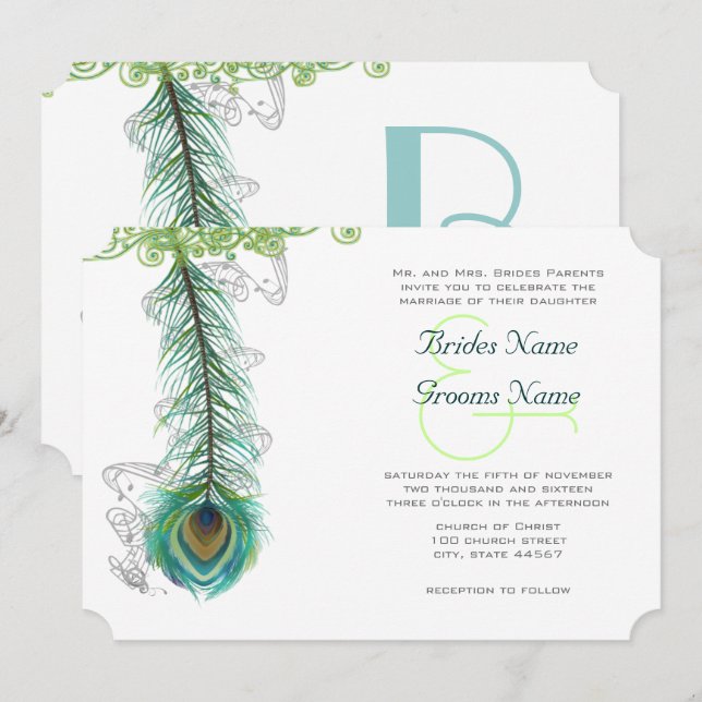 Convite Musical de Casamento Pavão Pêssego Escuro (Frente/Verso)