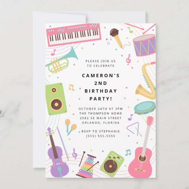 Convite Musical Instrument Birthday Party  (Frente)