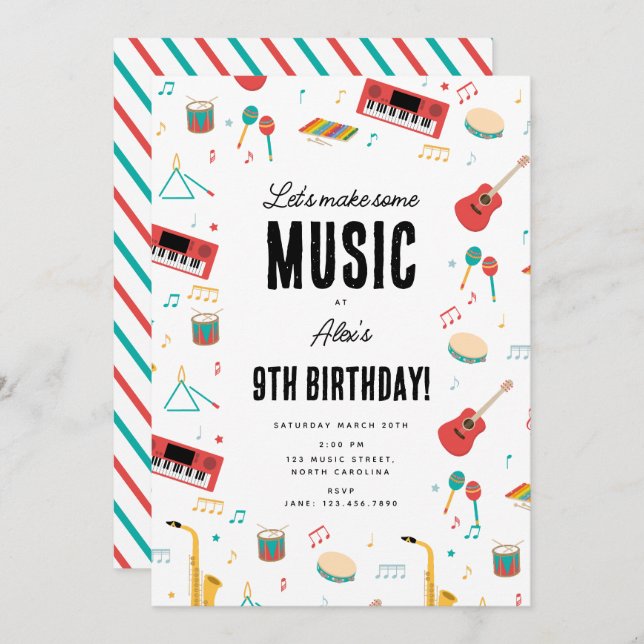 Convite Musical Instruments Music Theme Birthday Party (Frente/Verso)