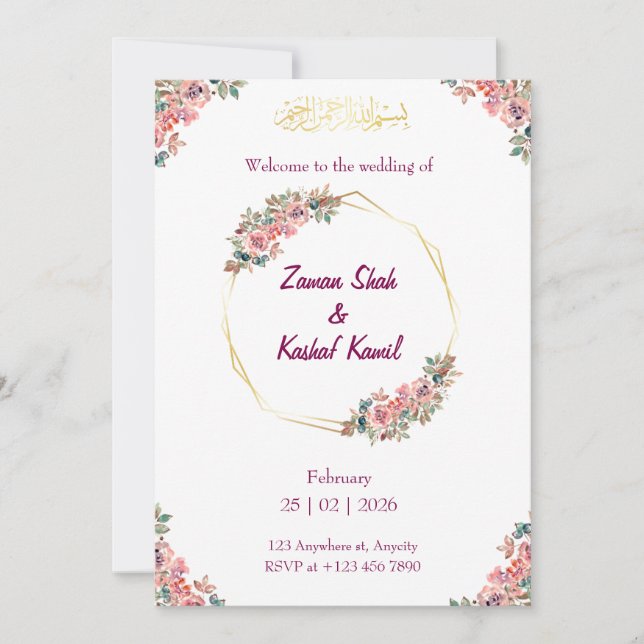 Convite Muslim wedding invitation Floral Nikkah invitation (Frente)
