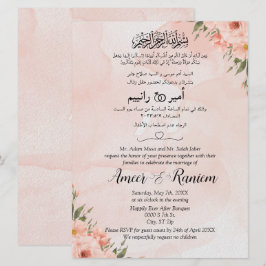 Convite Mussulmano Árabe Inglês Floral Rosa Aquarela