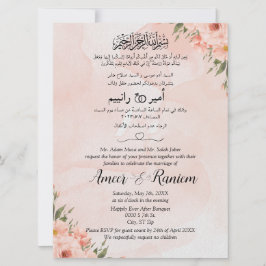 Convite Mussulmano Árabe Inglês Floral Rosa Aquarela