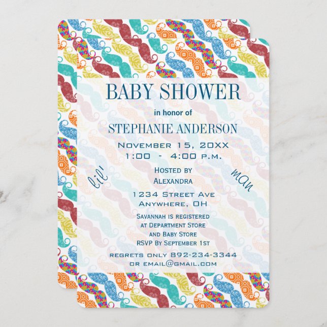 Convite Mustache Lil' Sr. Lil' Man Retro Chá de fraldas (Frente/Verso)