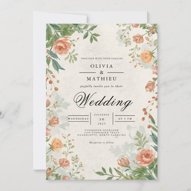 Convite Muted Floral Archway Romance Wedding (Frente)