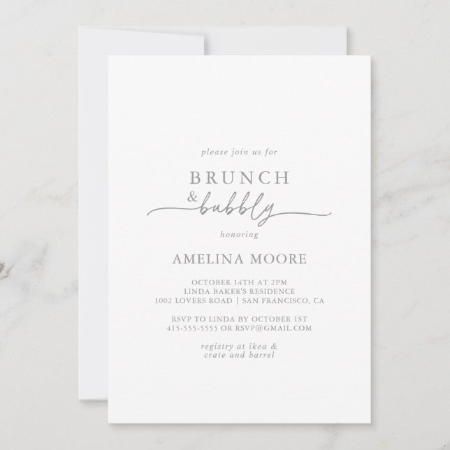 Convite Muted Gray Minimal Brunch and Bubbly Bridal Shower (Frente)