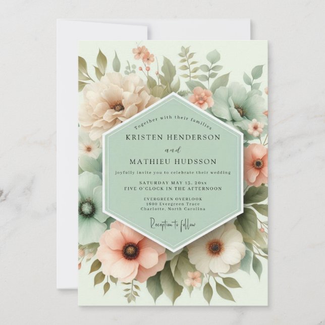 Convite Muted Green Floral Whimsy Wedding (Frente)