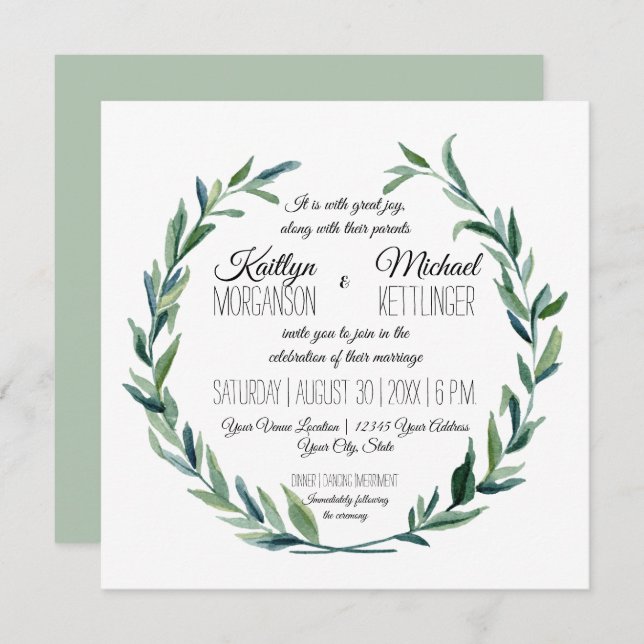 Convite Muted Sage Laurel Wreath Olive Leaf Branch Modern (Frente/Verso)