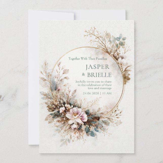 Convite Muted Teal Watercolor Gold Circle Wedding (Frente)