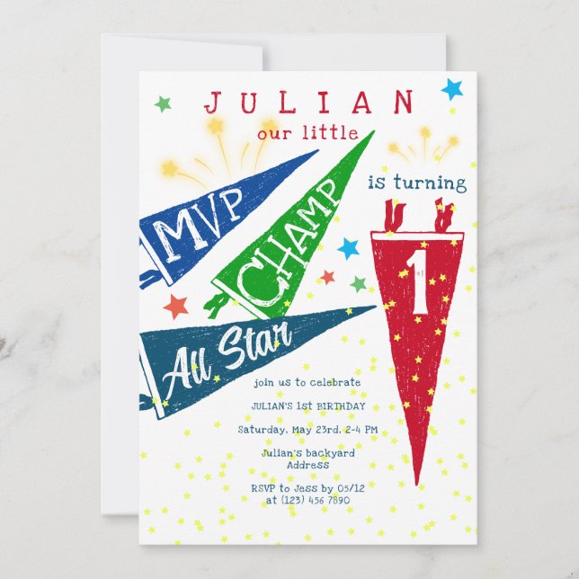 Convite MVP Champ All Stars Moderno Colorir primeiro anive (Frente)