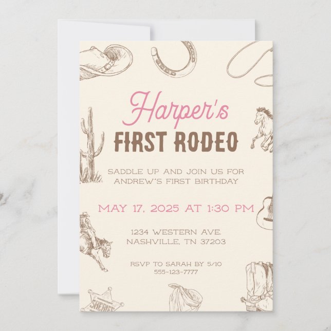 Convite My First Rodeo 1st Birthday Invitation Pink Girl (Frente)