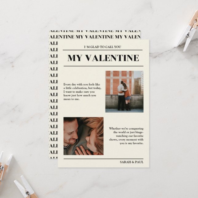 Convite My Valentine Customizable Newspaper Photos Card  (Frente/Verso In Situ)