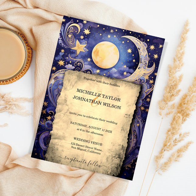 Convite Mystic Celestial Midnight Blue Dourado Stars Lua (celestial wedding invitation)