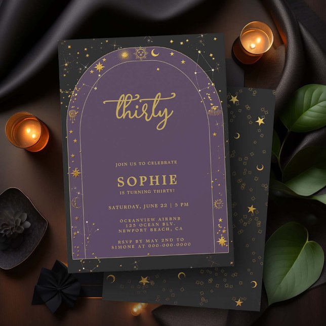 Convite Mystic Horoscope Celestial Boho Arch aniversário d (celestial horoscope astrology 30th birthday invitation for women stars moon sun planets zodiac boho)