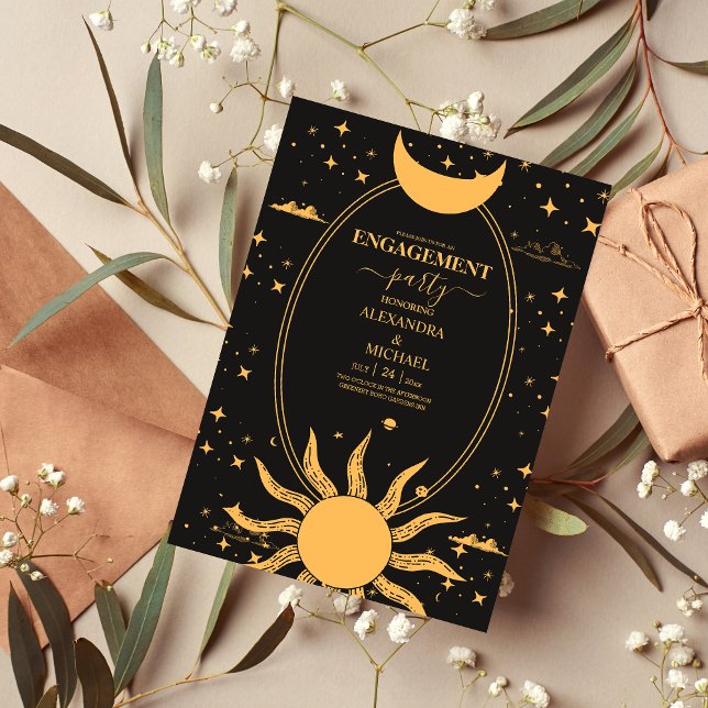 Convite  Mystical Black and Gold Sun Moon Engagement (Criador carregado)