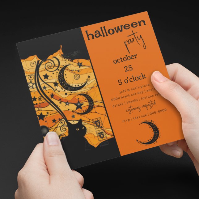 Convite Mystical Black Cat e Celestial Símbolos Halloween (Mystical black hat and celestial symbols on customizable Halloween Party Invitations )